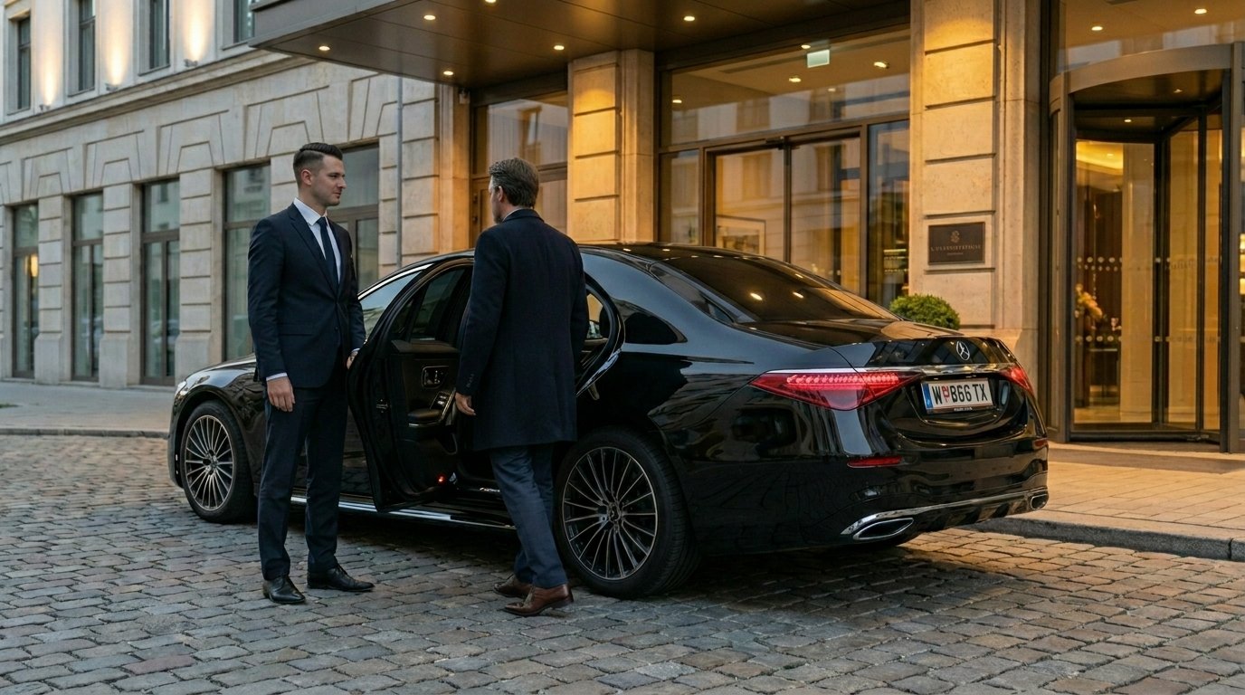 Chauffeur begrüßt Gast – Airport Transfer Wien
