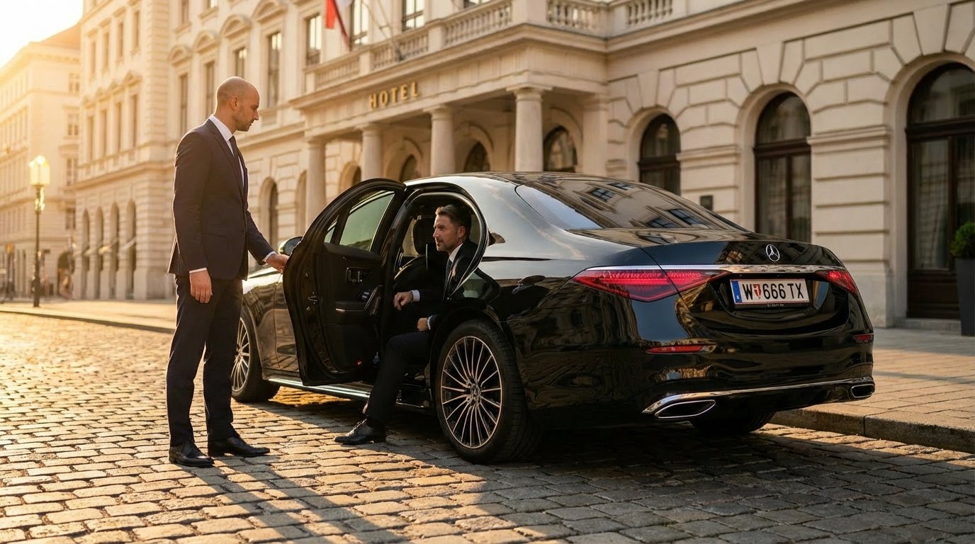 Diskreter Privat Chauffeur Wien öffnet die Autotür für Gast